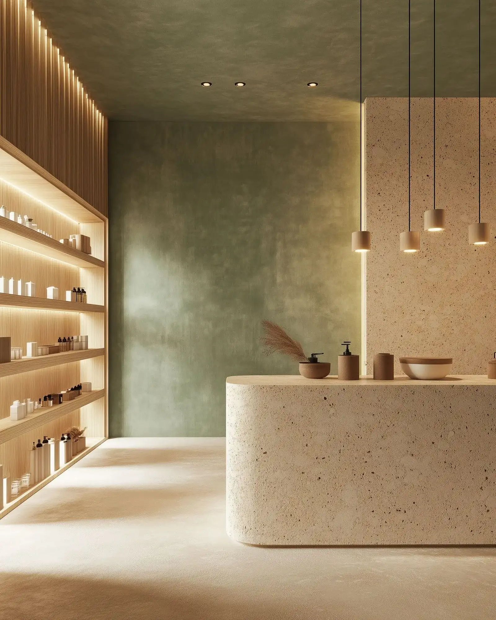 A counter in a room with shelves and lights