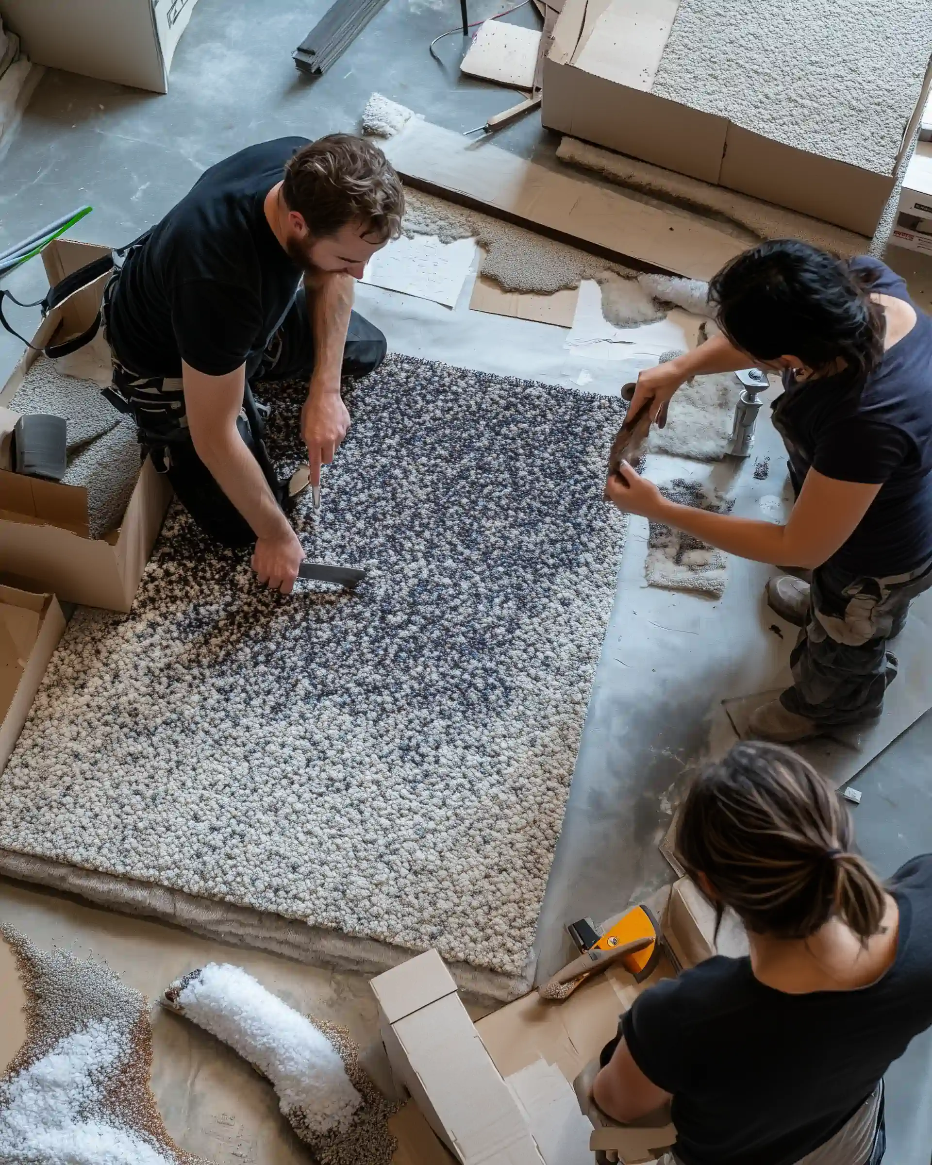 A group of people embling a carpet