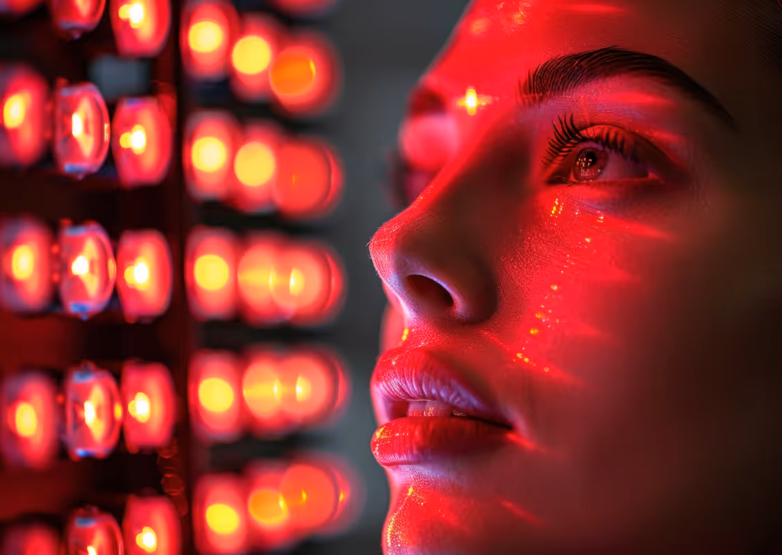 Woman using PureStim Light red light therapy panel