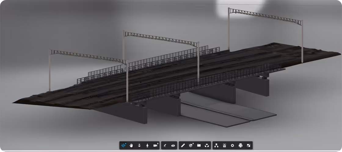 3D model of a dark railway bridge with overhead electrical supports and guardrails on sides.