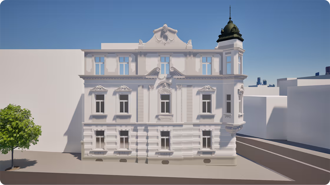 White historic building with detailed architecture, green-domed tower, tree, and surrounding empty streets.