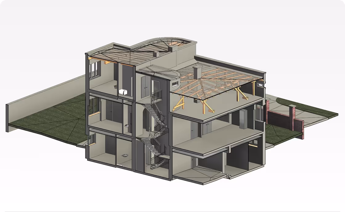 3D architectural cross-section of a multi-story building showing interior rooms and staircase.