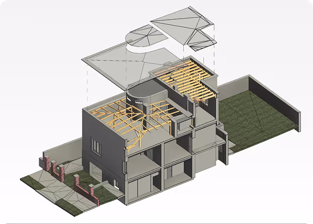 3D architectural model of a two-story house showing structural framing and an exploded roof view.