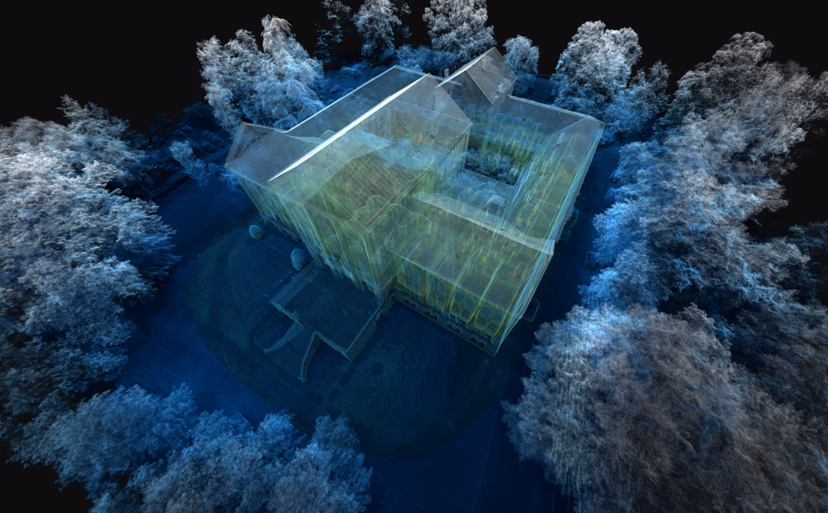 3D point cloud of Hotel Staro Zdanje in Aranđelovac showing the complete building, roof geometry and surrounding vegetation, captured by Radin AG.
