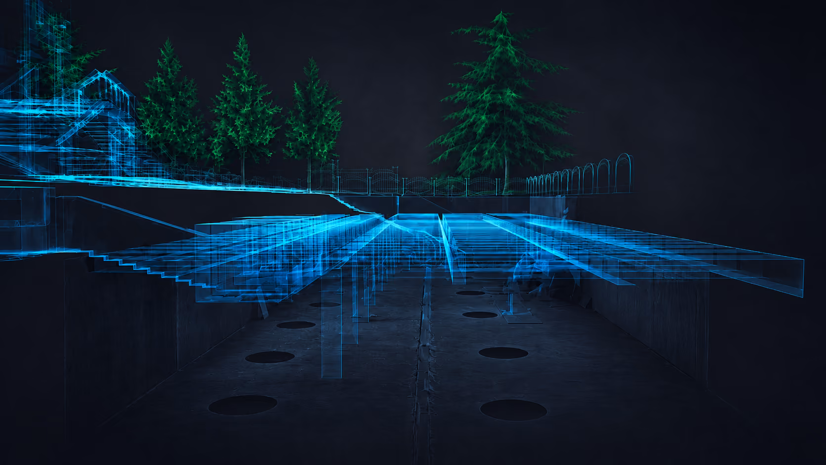 3D laser scan point cloud of an outdoor area, showing stairs, terraces, walls, and surrounding trees.