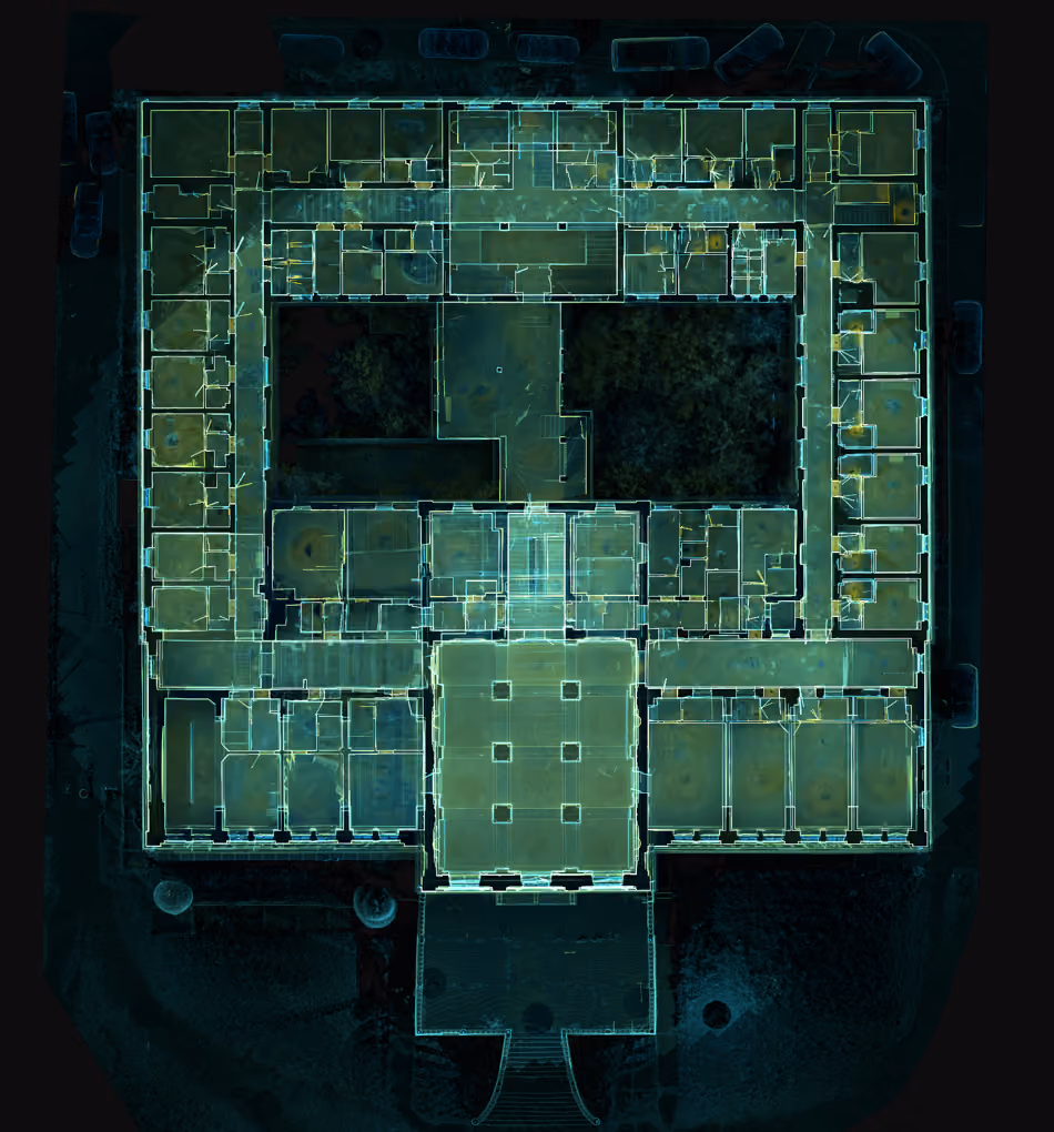 Point cloud floor plan of Hotel Staro Zdanje in Aranđelovac, captured using 3D laser scanning by Radin AG.