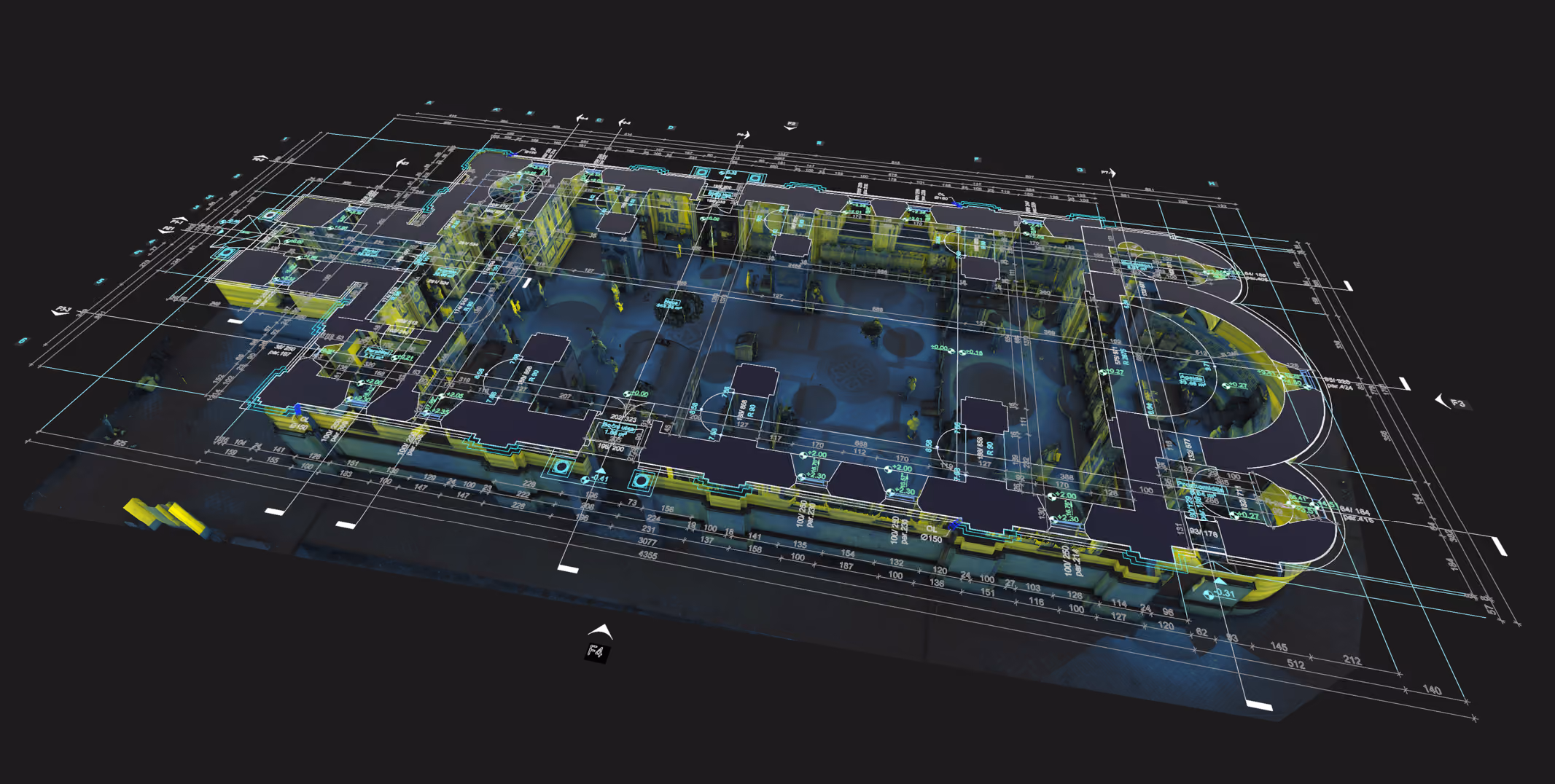 Punktwolke einer Kirche in Paraćin mit 2D-CAD-Bestandsgrundriss, erstellt aus Laserscanning und 3D-Modellierung durch Radin AG.