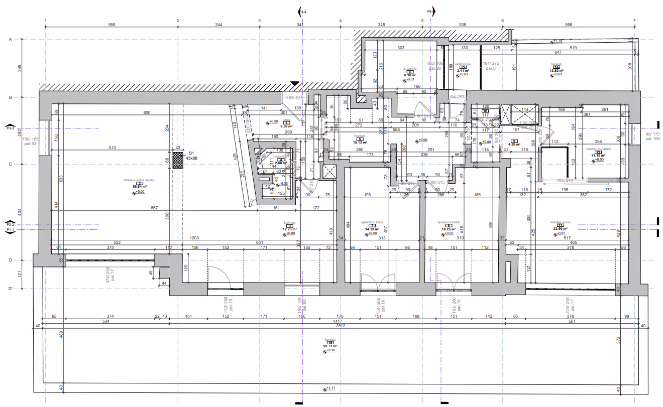 Detailed as-built 2D CAD floor plan of an apartment with dimensions and room layout, produced from 3D laser scanning by Radin AG.