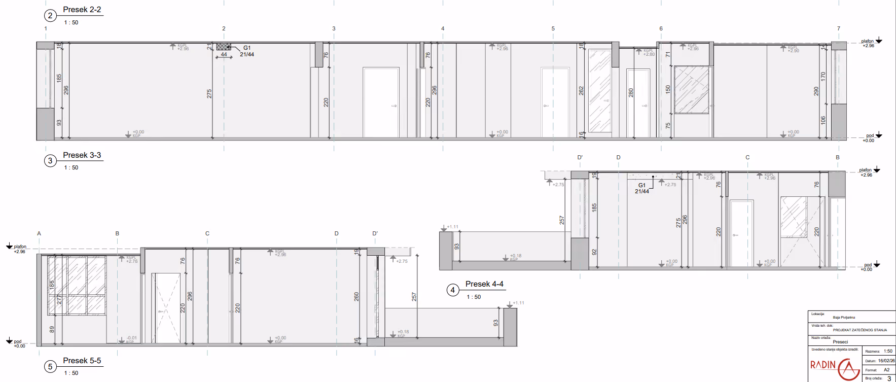 As-built 2D sections of an apartment created from 3D laser scanning data and a Revit model by Radin AG.