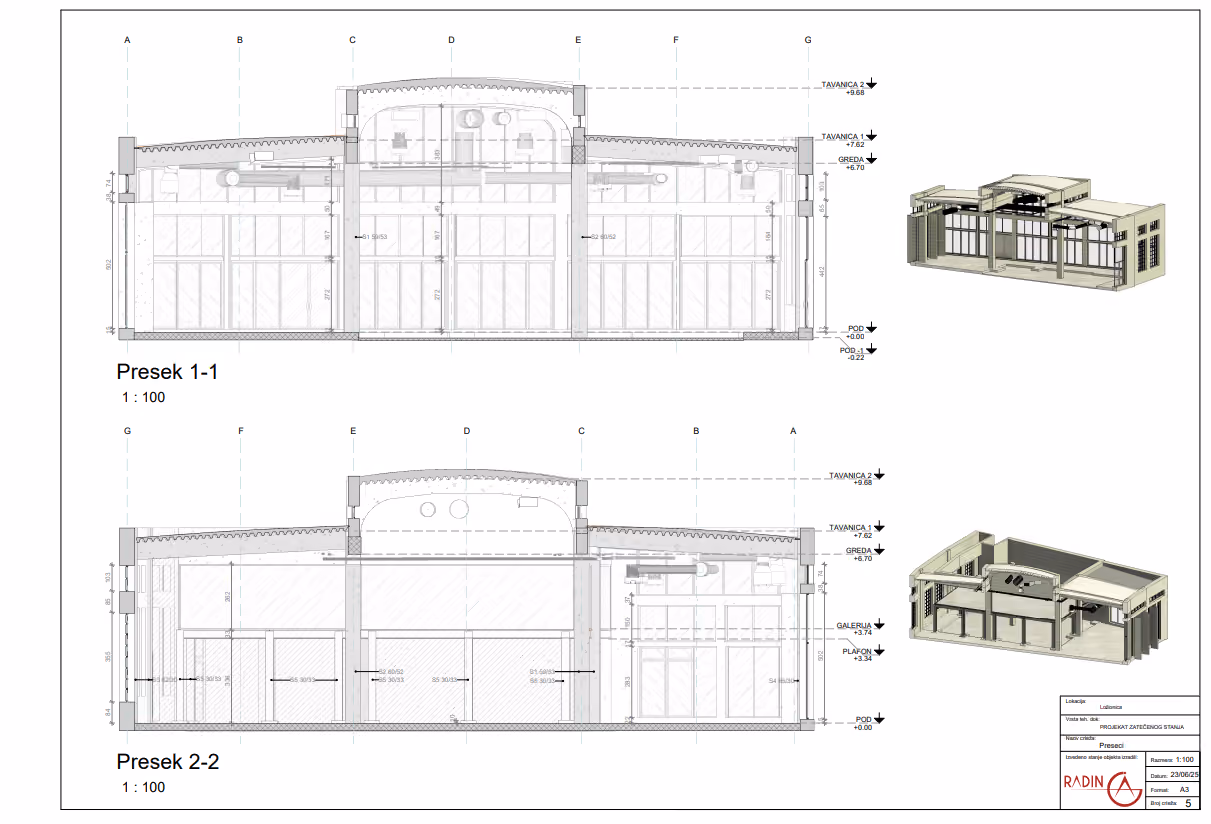 Detailed as-built 2D sections of the Ložionica commercial space showing structural elements, levels and existing conditions, produced from 3D laser scanning by Radin AG.