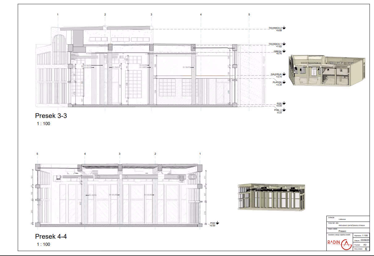 As-built 2D sections of the Ložionica commercial space, created from 3D laser scanning data and a Revit model by Radin AG.