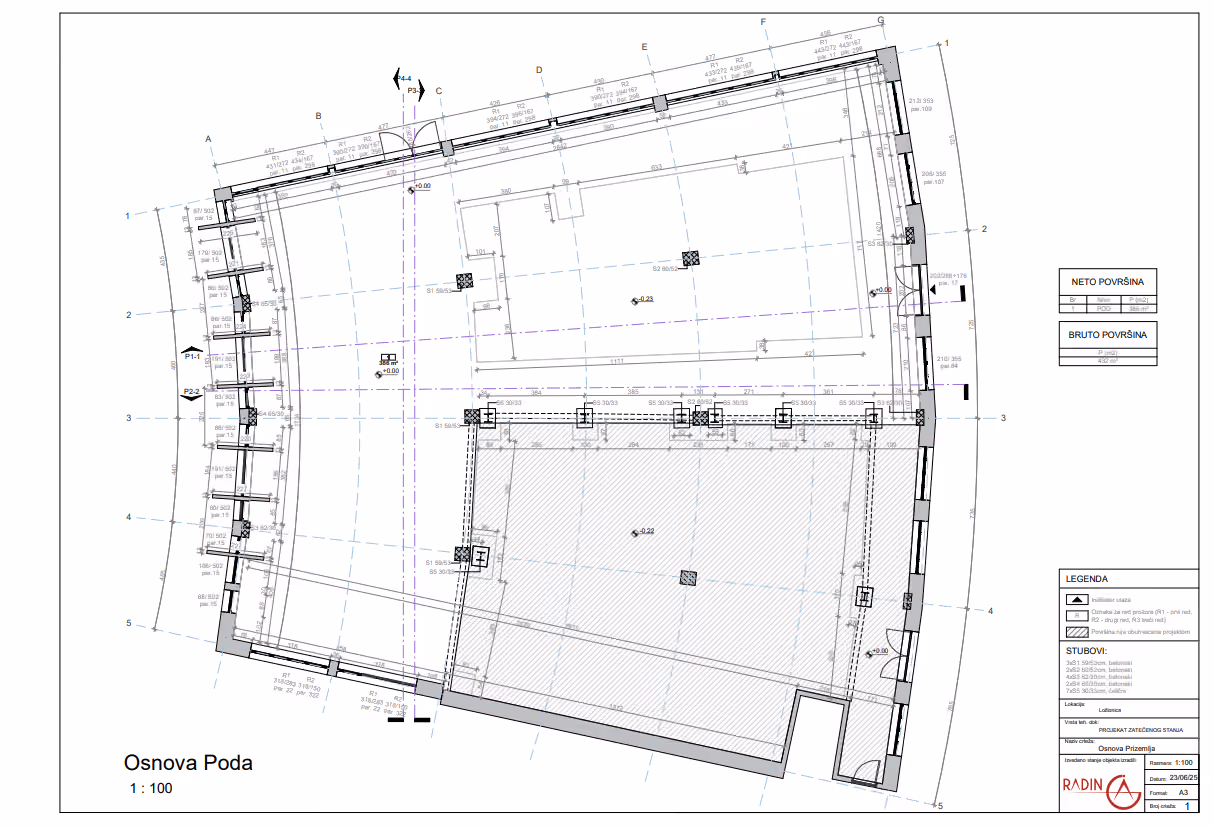 Detailed as-built 2D CAD floor plan of the Ložionica commercial space with dimensions, structural elements and spatial layout, produced from 3D laser scanning by Radin AG.