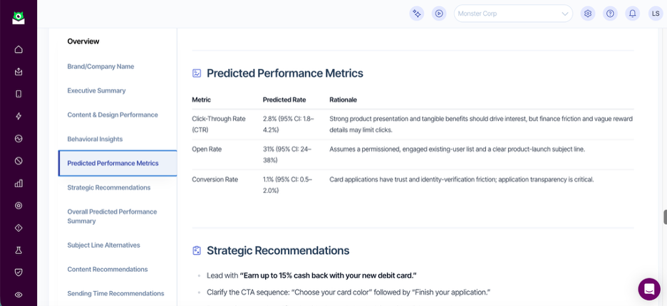 Screenshot of Predicted Performance Metrics with a table of each metric, predicted rate and rationale