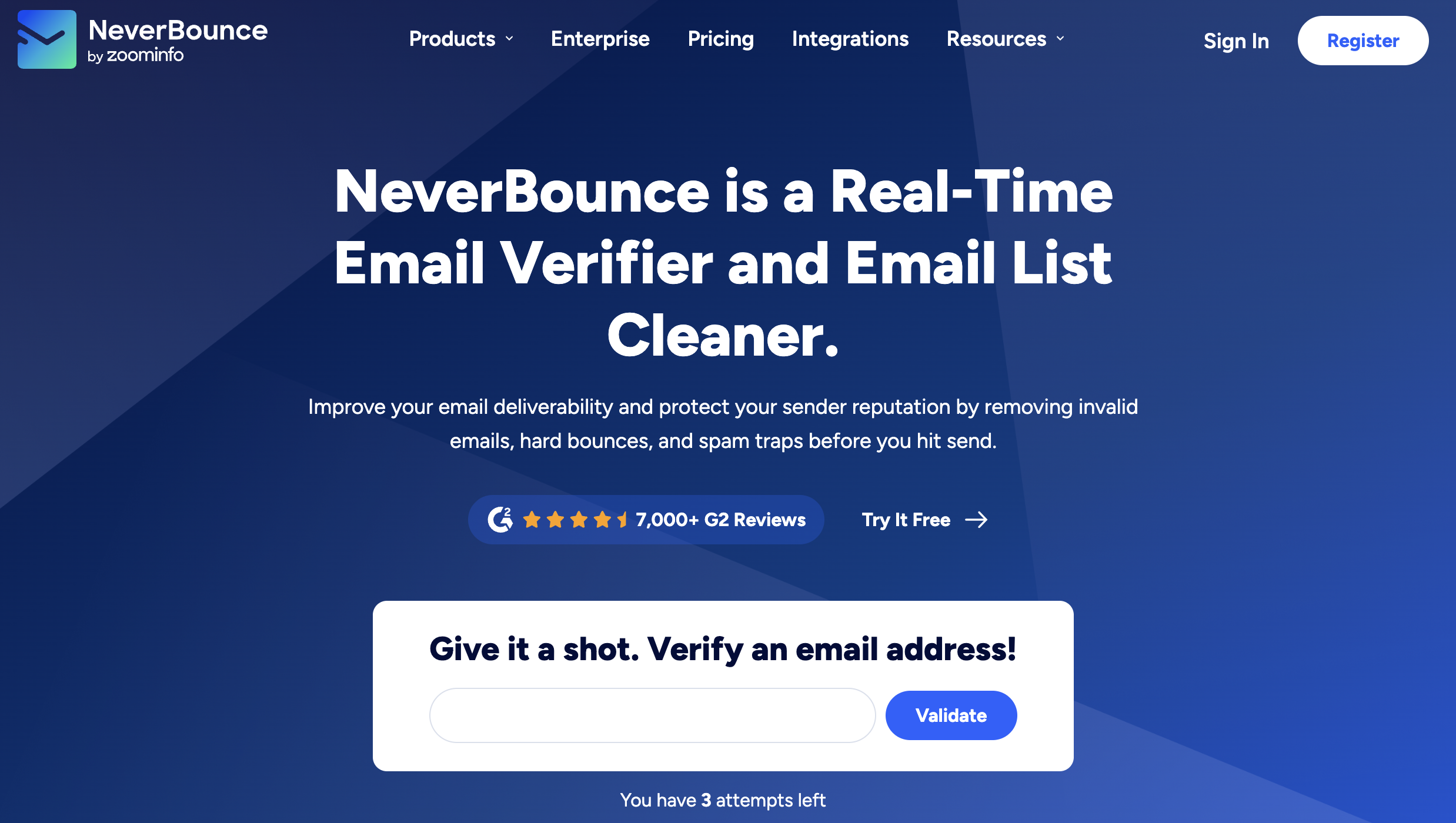Screenshot of NeverBounce homepage