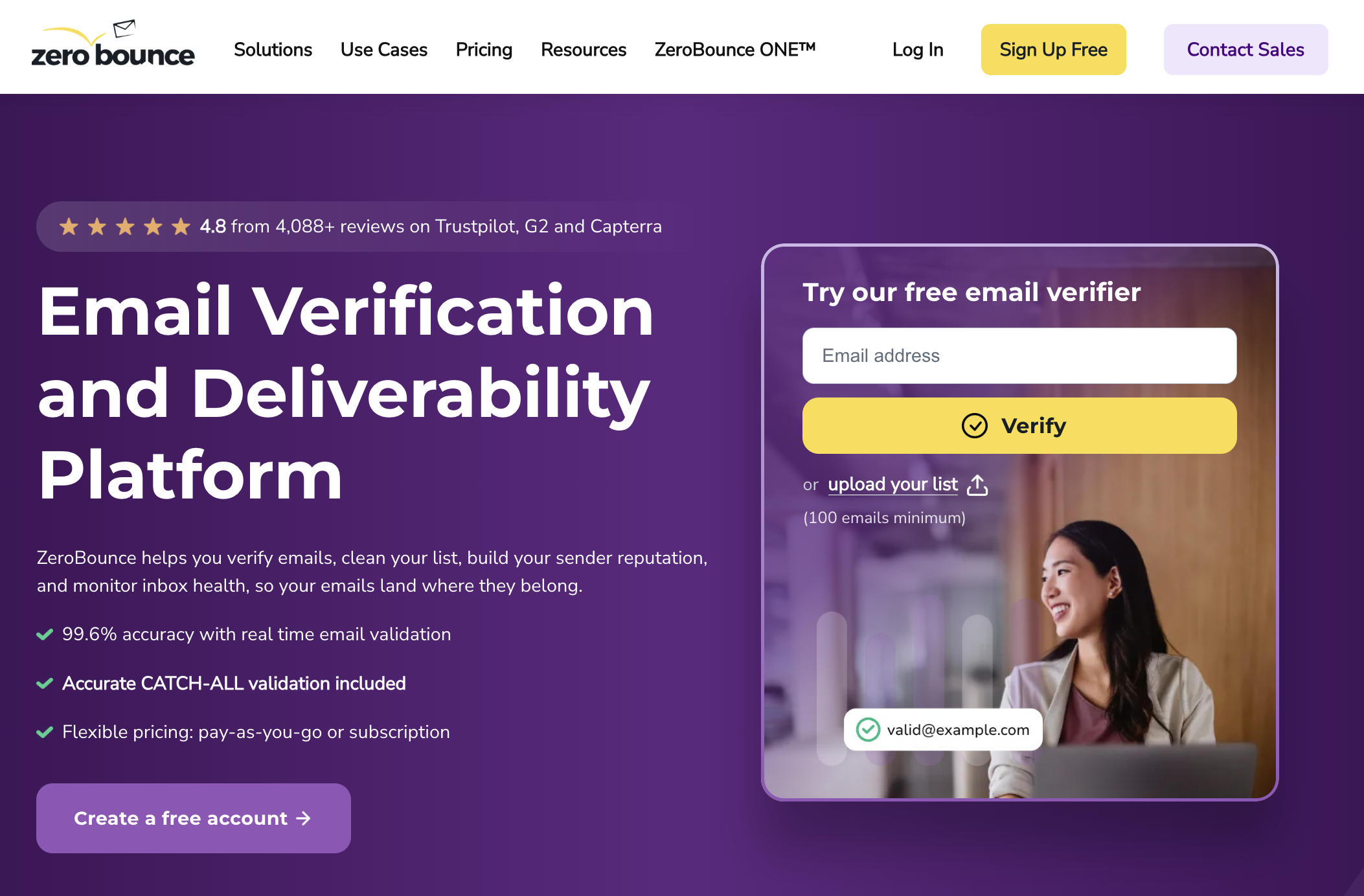 Screenshot of ZeroBounce homepage