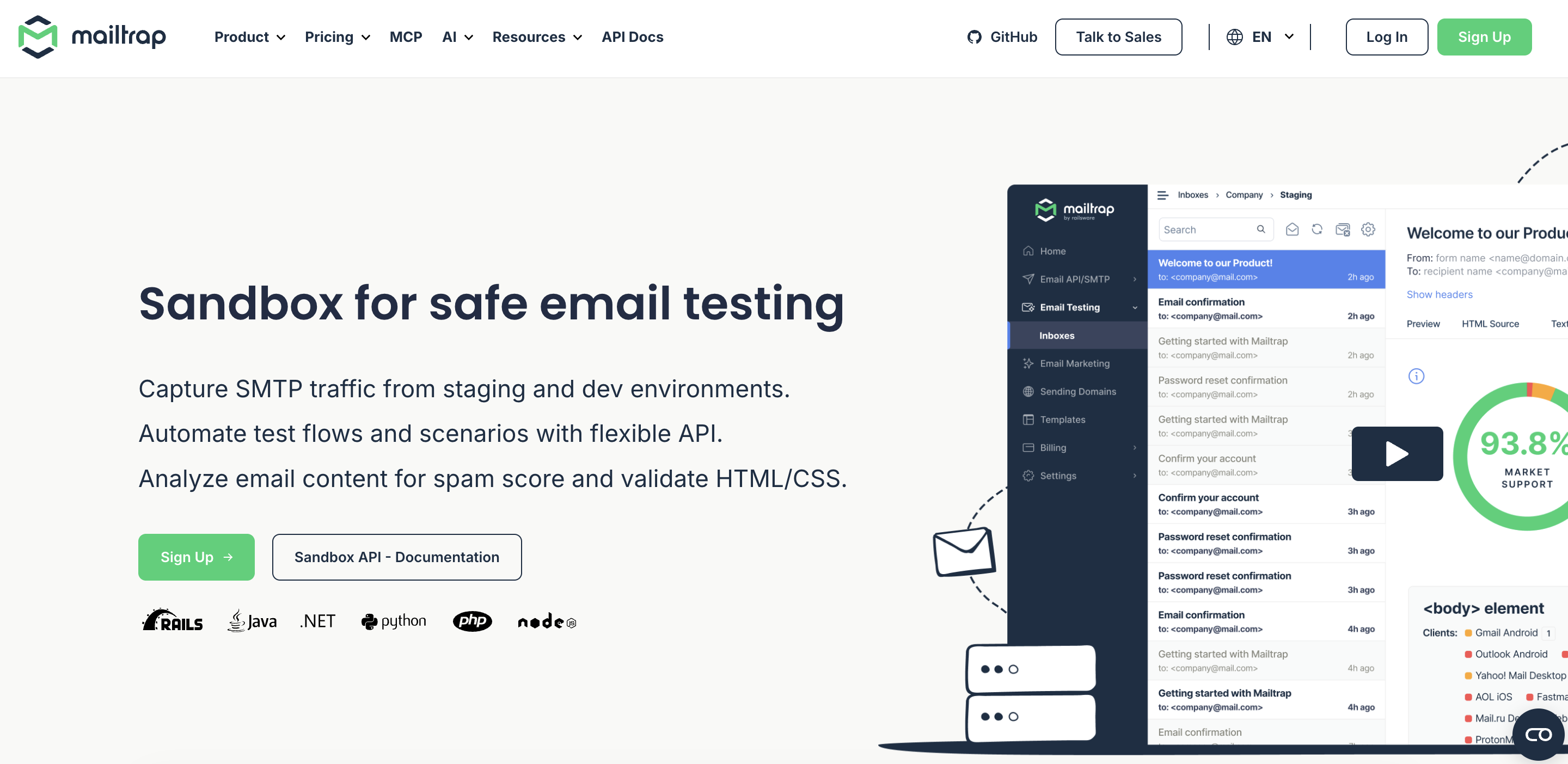 Screenshot of Mailtrap Email Sandbox page