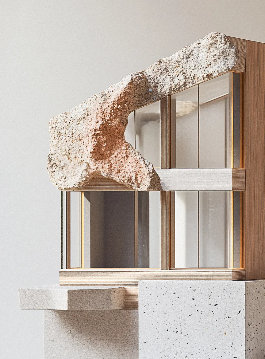 Scultura astratta con struttura in legno, superfici di vetro e elemento in pietra ruvida sopra.