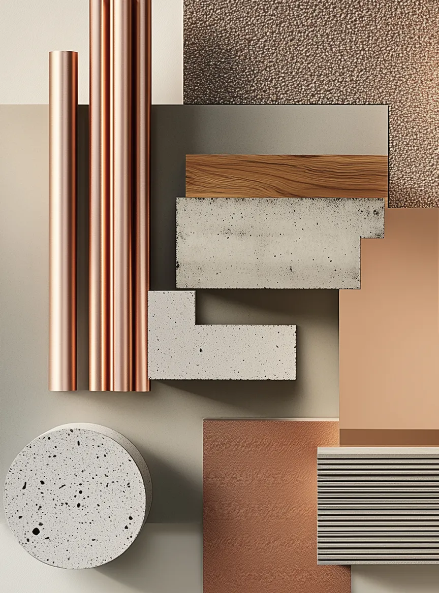 Campione di materiali e finiture con tubi metallici color rame, blocchi di cemento, pannelli in legno, superficie ruvida e piastre di metallo e pelle in tonalità neutre.