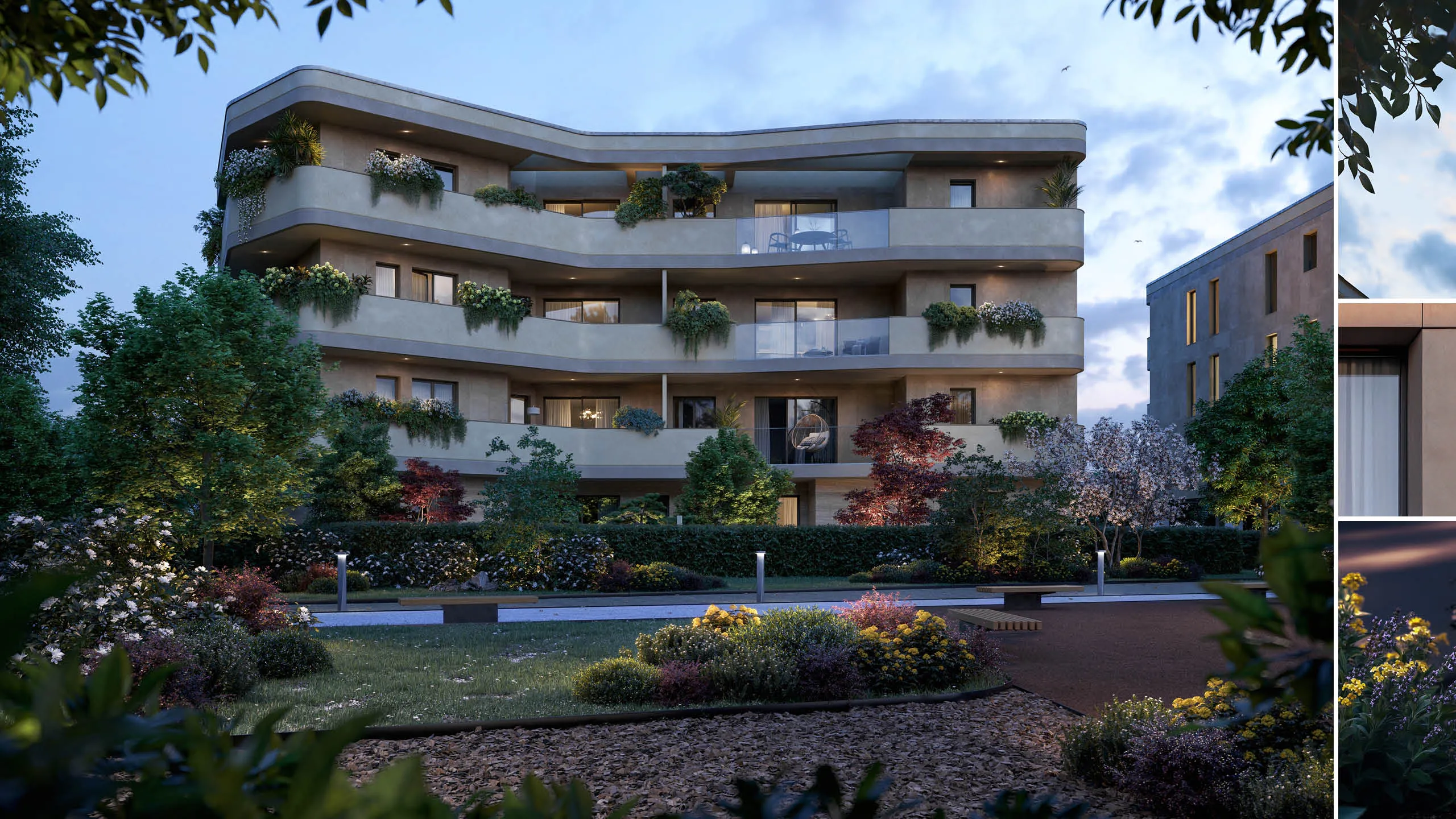 Appartamento moderno con balconi ampi e piante ornamentali, circondato da un giardino ben curato con alberi e fiori colorati al crepuscolo.