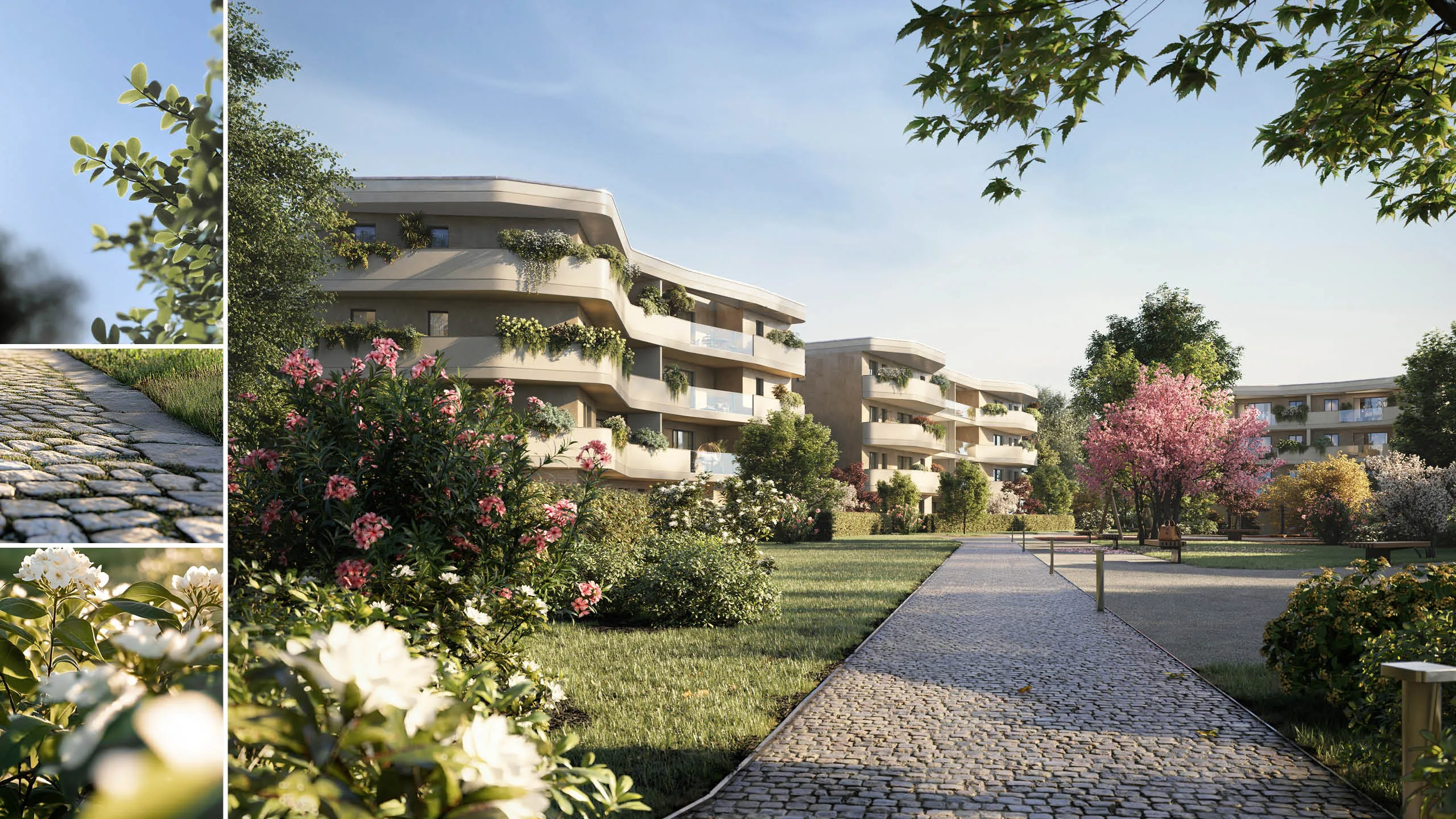 Complesso residenziale moderno con balconi fioriti su un ampio viale lastricato e giardini curati con alberi e fiori colorati.