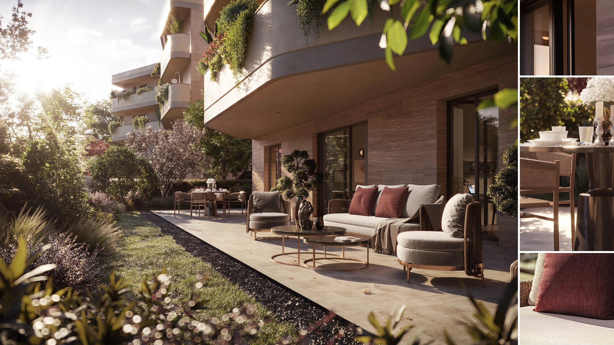 Giardino di un moderno appartamento con soggiorno esterno arredato, divano beige con cuscini rossi, poltrone, tavolini rotondi e tavolo da pranzo, circondato da piante e alberi rigogliosi al tramonto.