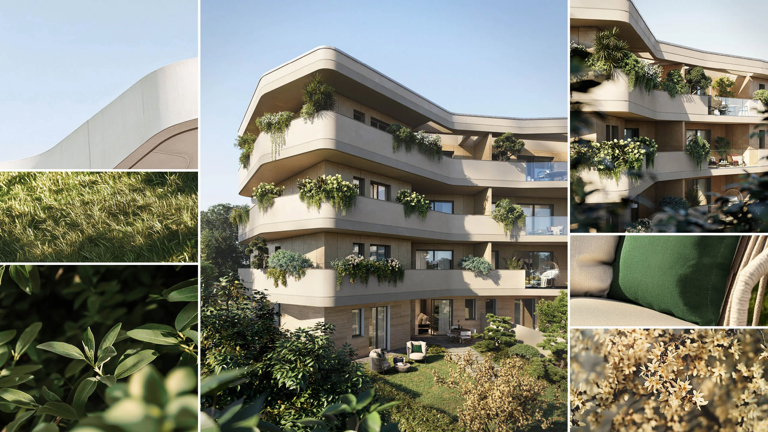 Complesso residenziale moderno con balconi ampi decorati con piante e fiori, giardino curato e mobili da esterno, dettagli di vegetazione e cuscino verde su poltrona.