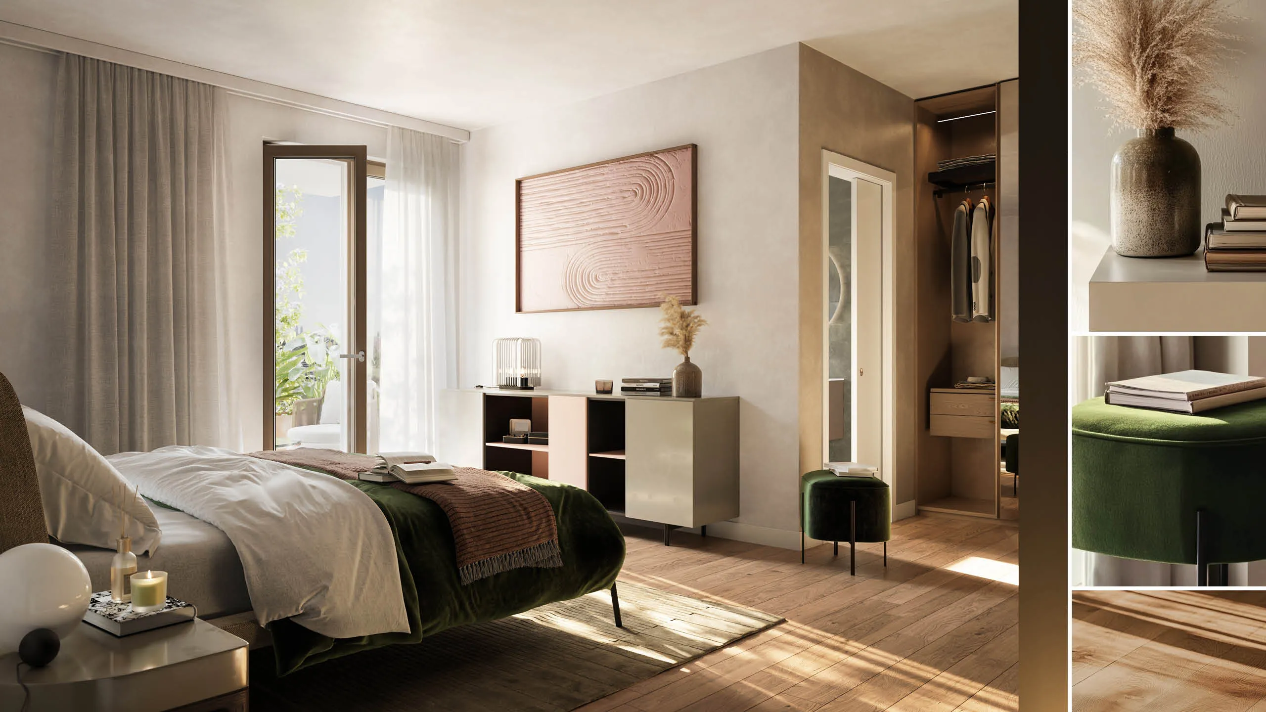 Camera da letto luminosa con letto con copertura verde scuro, comodino con candela, e armadio a muro con specchio.