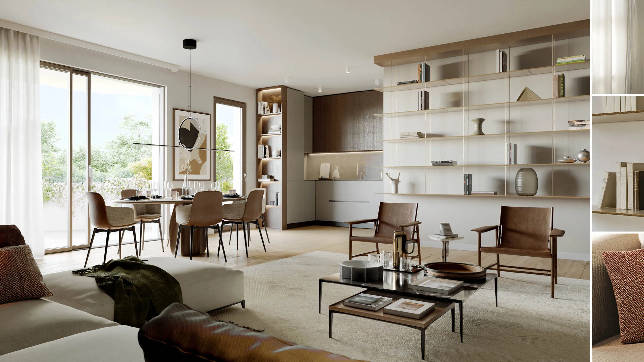 Soggiorno moderno con zona pranzo e area relax con poltrone di pelle marrone, tavolino in vetro e parete con scaffali minimalisti.