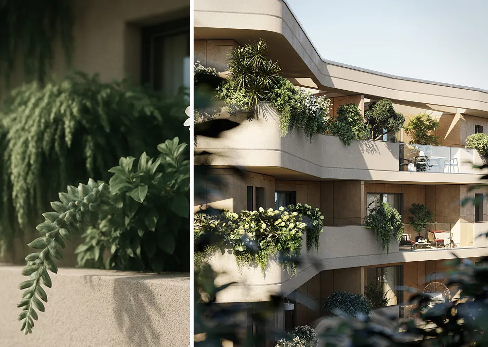 Balconi di un edificio moderno con piante verdi e fiori, illuminati dalla luce solare.