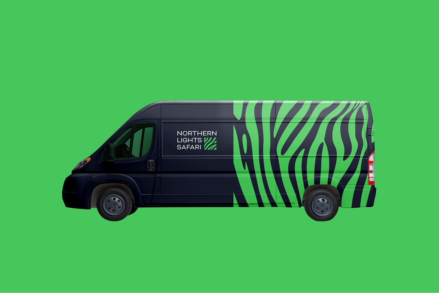 A private mini bus with Northern Light Safari green design pattern 
