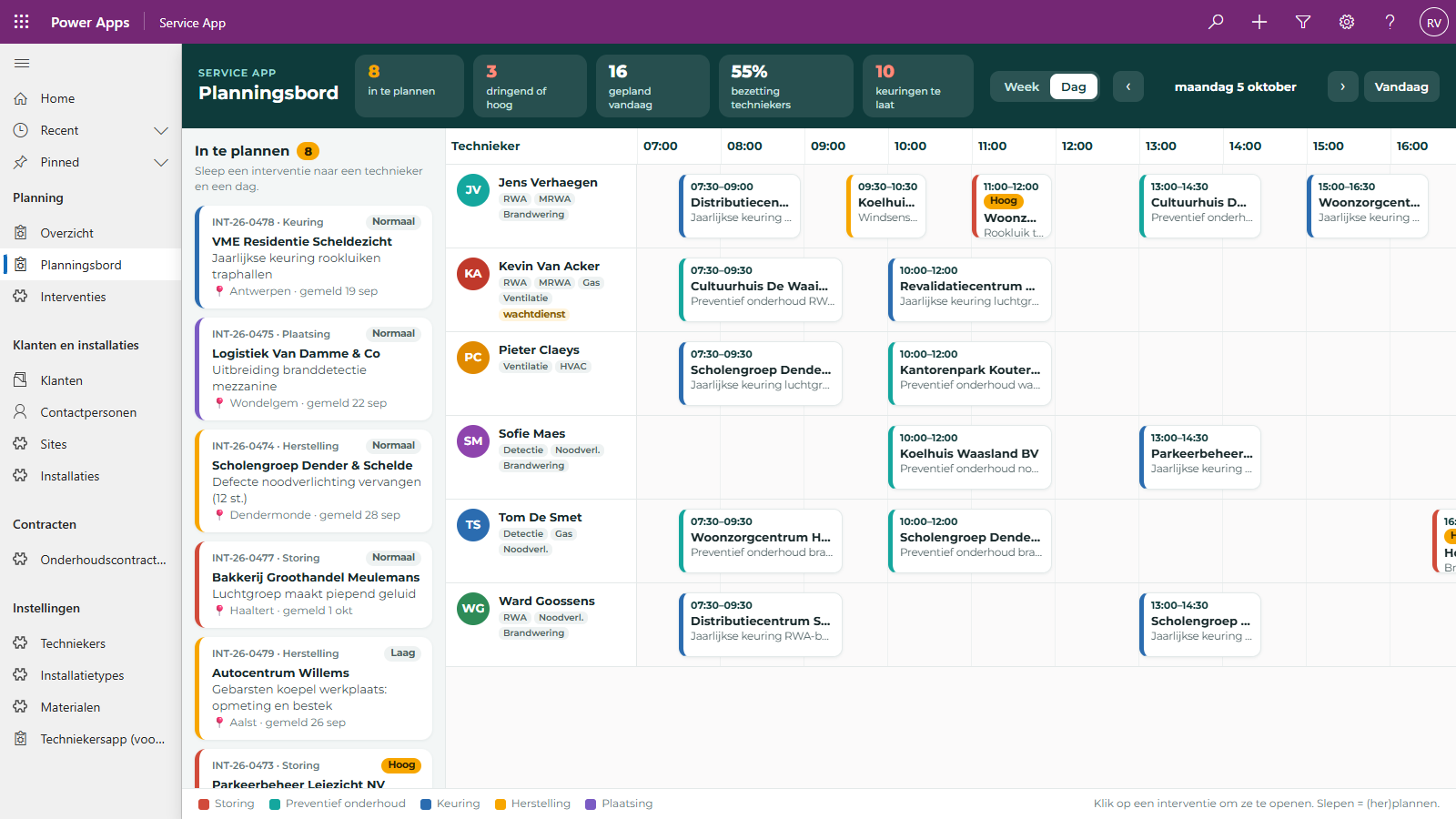 Dagweergave van het planningsbord met per technieker een tijdlijn van zeven tot vijf uur, interventies als blokken in de kleur van hun type, en links de lijst met in te plannen interventies.