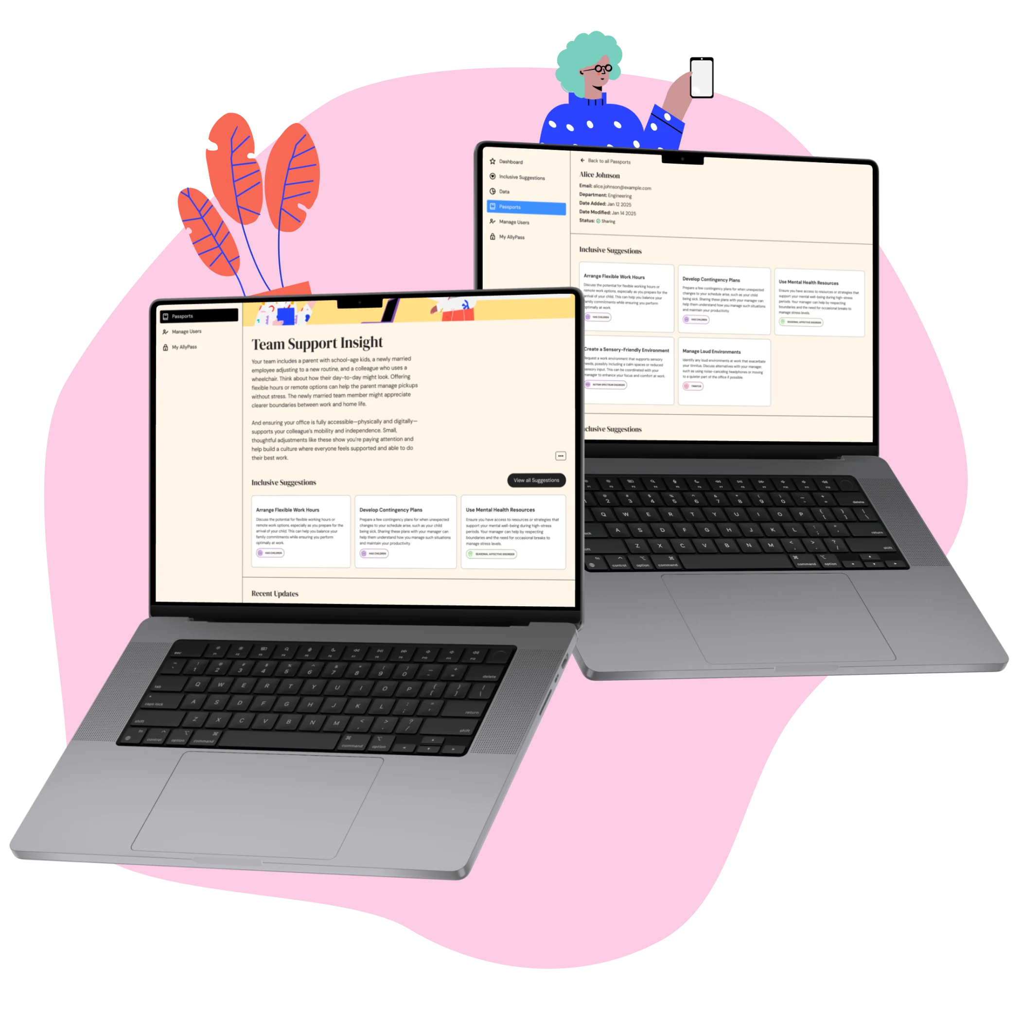 Team support dashboard on laptops with stylized character and plants