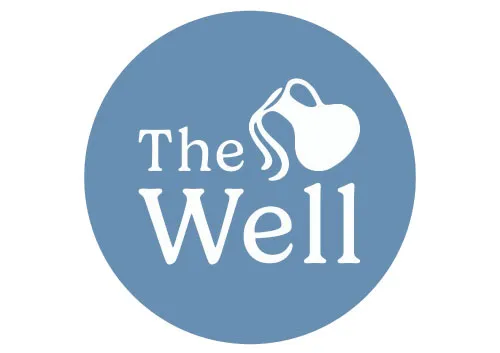 Logo with a blue circle background featuring the text 'The Well' and a white pouring water jug above the word 'Well'.