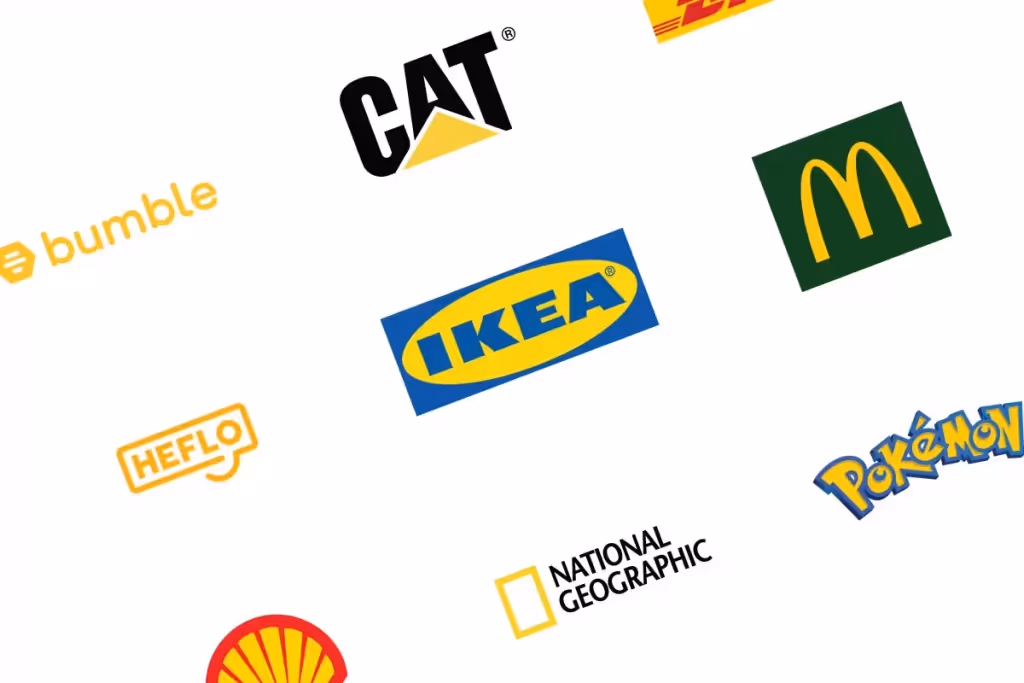 Logos jaune : CAT, Ikea, Bumble, Pokémon pour illustrer la symbolique de la couleur jaune.
