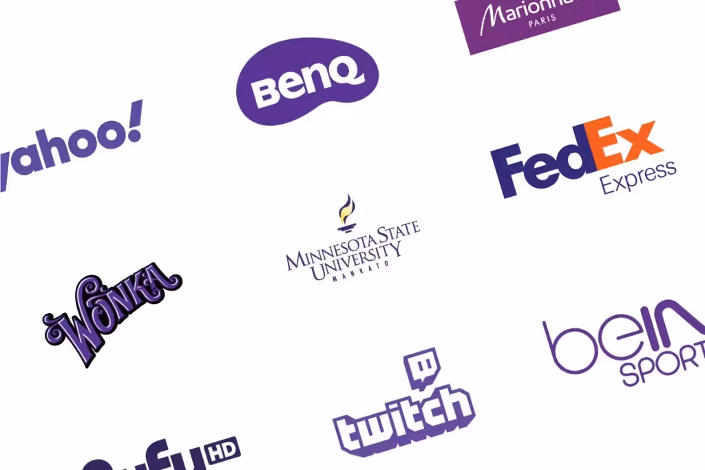 Logos arborant la couleur violette, Benq, Yahoo, Marionnaud...