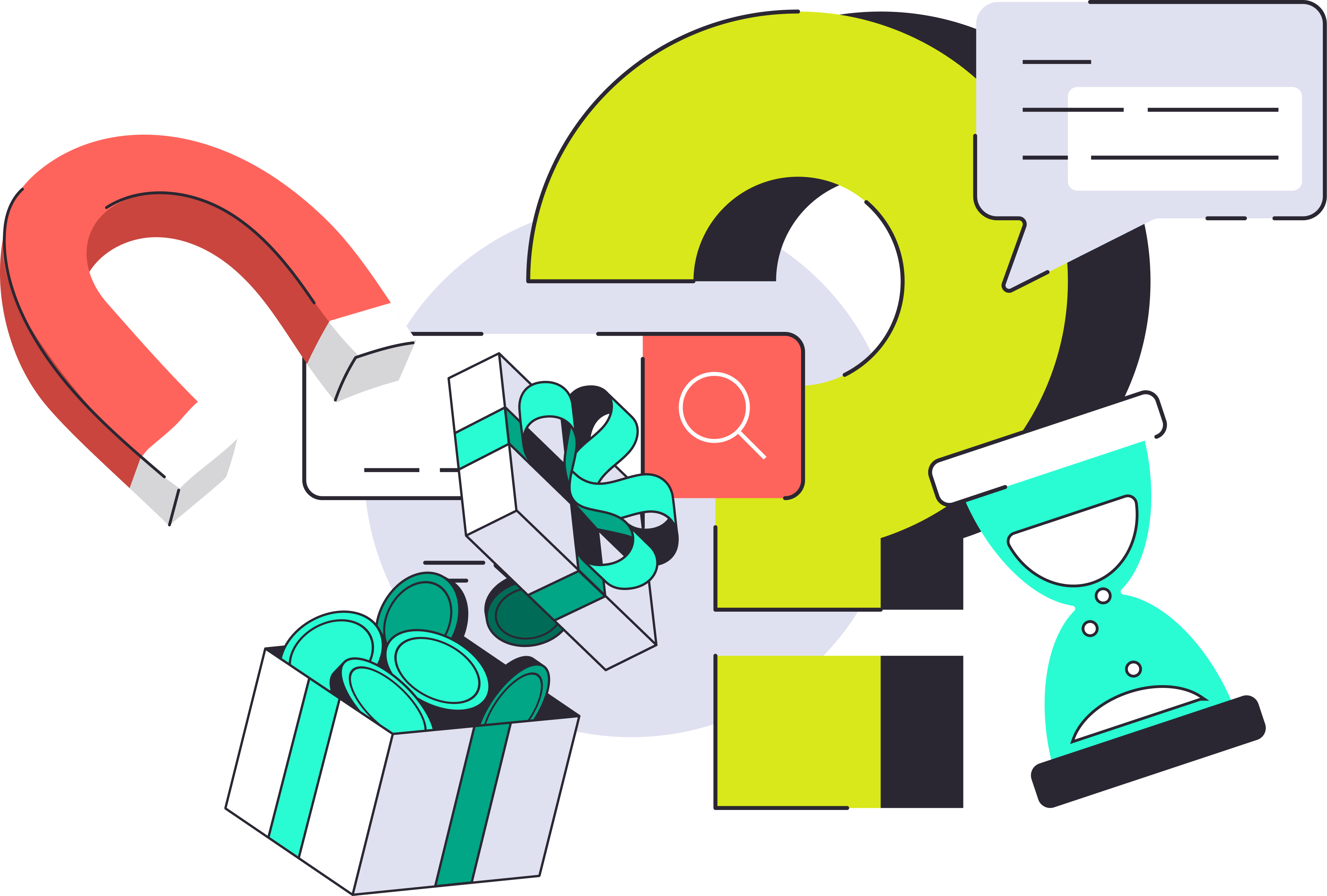 Illustration with a large yellow question mark, a red horseshoe magnet, an open gift box with coins, a closed gift box with a green ribbon, a search icon, a speech bubble, and a turquoise hourglass.