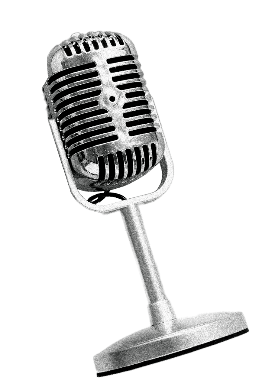 Vintage silver microphone with grille design on a stand.