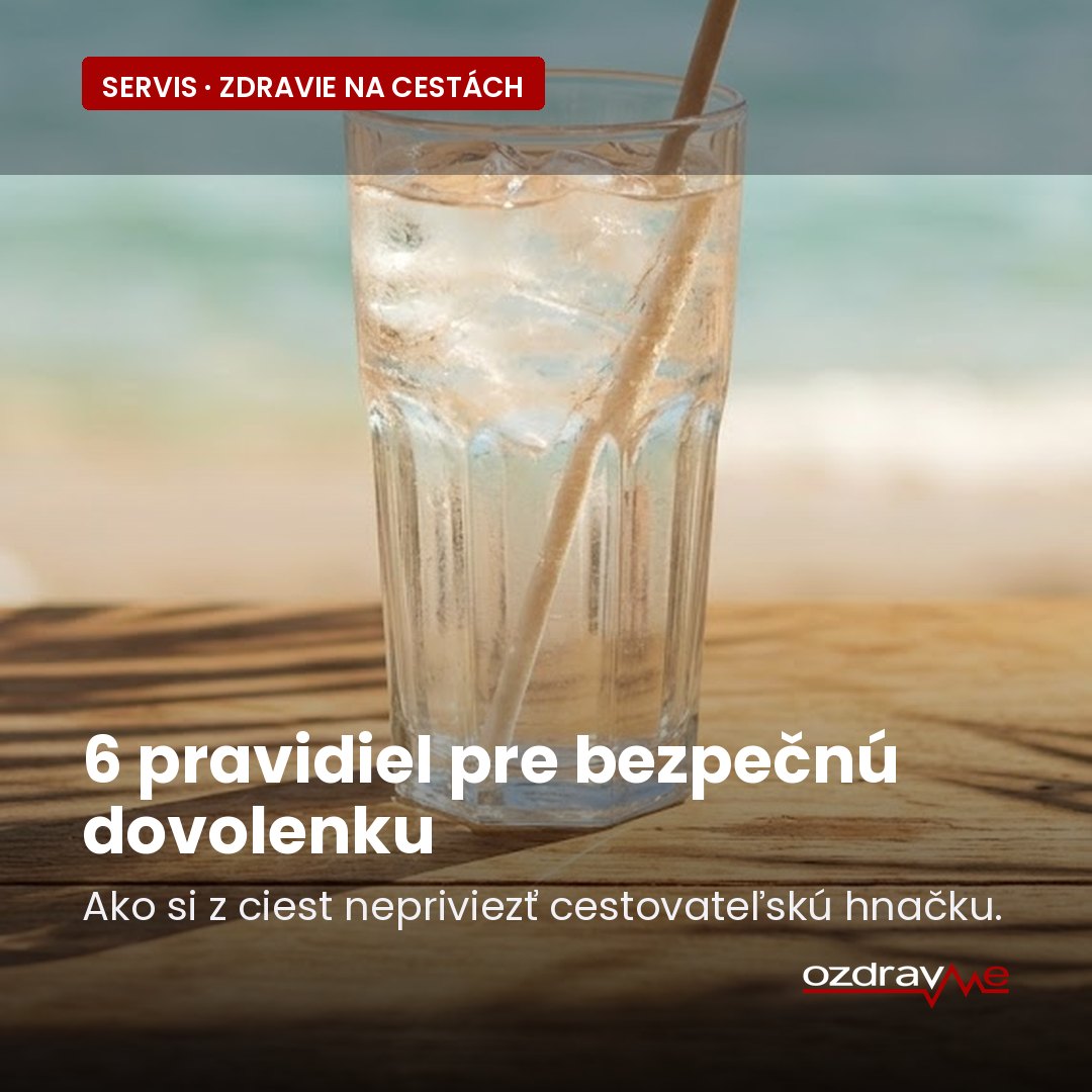 6 pravidiel pre bezpečnú dovolenku — úvodný slajd s ľadovým nápojom na pláži