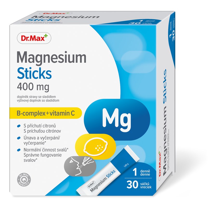 Balenie Dr. Max Magnesium Sticks 400 mg s vitamínmi skupiny B a vitamínom C.