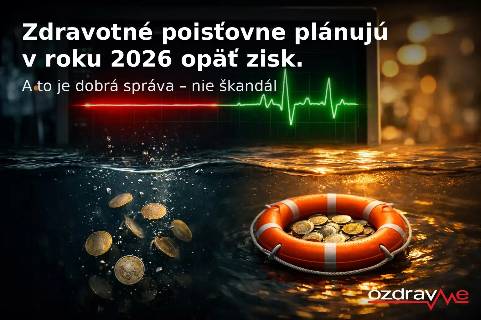 Komentár Šimona Jeseňáka k plánovanému zisku zdravotných poisťovní v roku 2026 – na ilustrácii monitor s EKG krivkou, ktorá sa mení z červenej plochej čiary na zdravý zelený rytmus, a záchranné koleso plné mincí plávajúce na vode, pričom ďalšie mince klesajú pod hladinu.