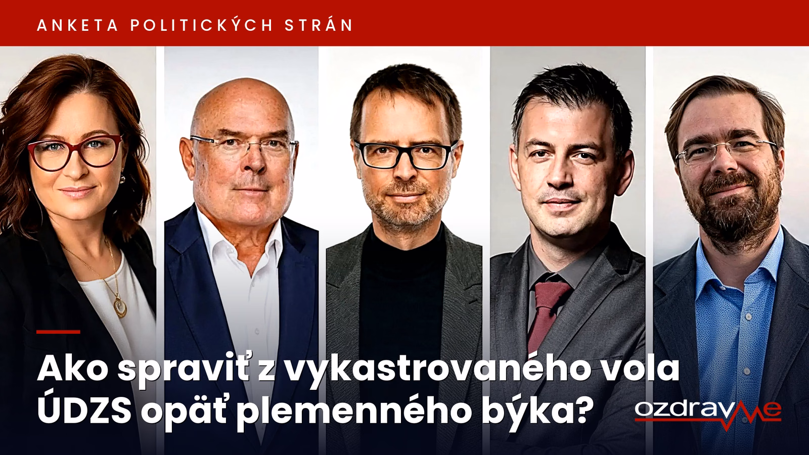 Piati respondenti ankety o budúcnosti ÚDZS: Kolejáková, Baláž, Szalay, Ferjančík a Krajčí. Grafika ozdravme.sk.