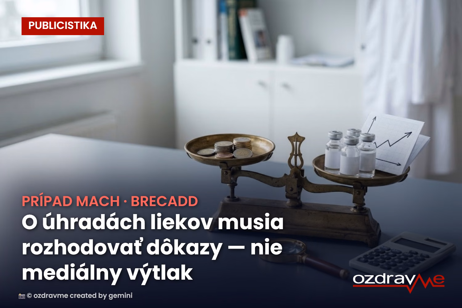 Mosadzná váha váži mince oproti liekovkám s grafom prínosu — ilustrácia rozhodovania o úhrade liekov podľa dôkazov