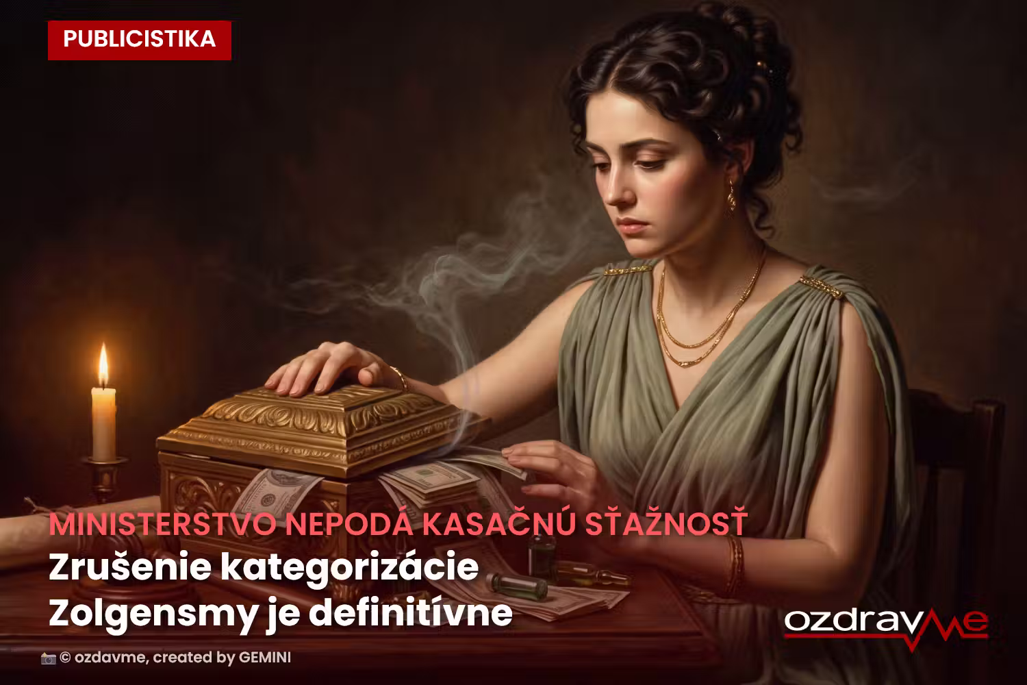 Alegorická maľba Pandorinej skrinky s peniazmi a liekmi — symbol konca sporu o úhradu najdrahšieho lieku.