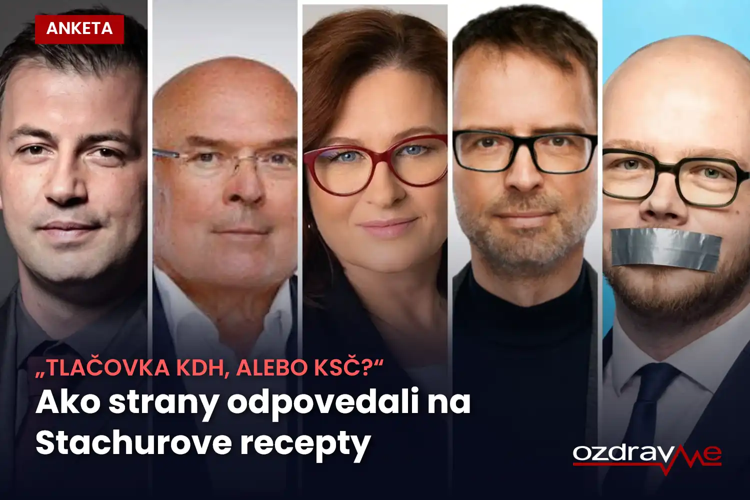 Päť politikov oslovených v ankete vedľa seba, poslednému z nich prekrýva ústa lepiaca páska