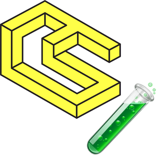 ChainSafe Research and Development logo, yellow optical illusion shape resembling a twisted letter C next to a tilted test tube with bubbling green liquid.
