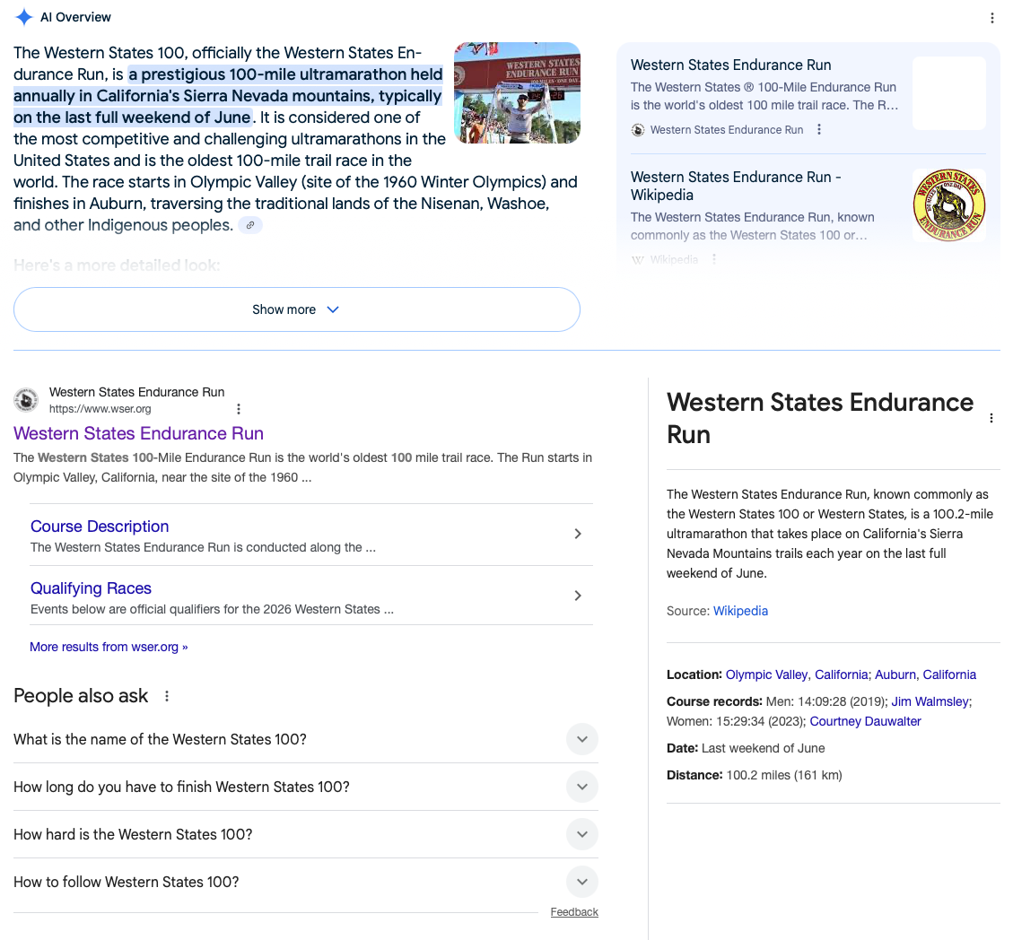 Google search results page showing a mix of AI and organic search results.