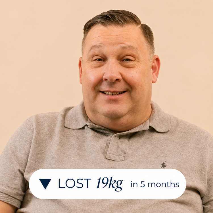 Smiling middle-aged man in beige polo shirt showing weight loss success — lost 19kg in 5 months