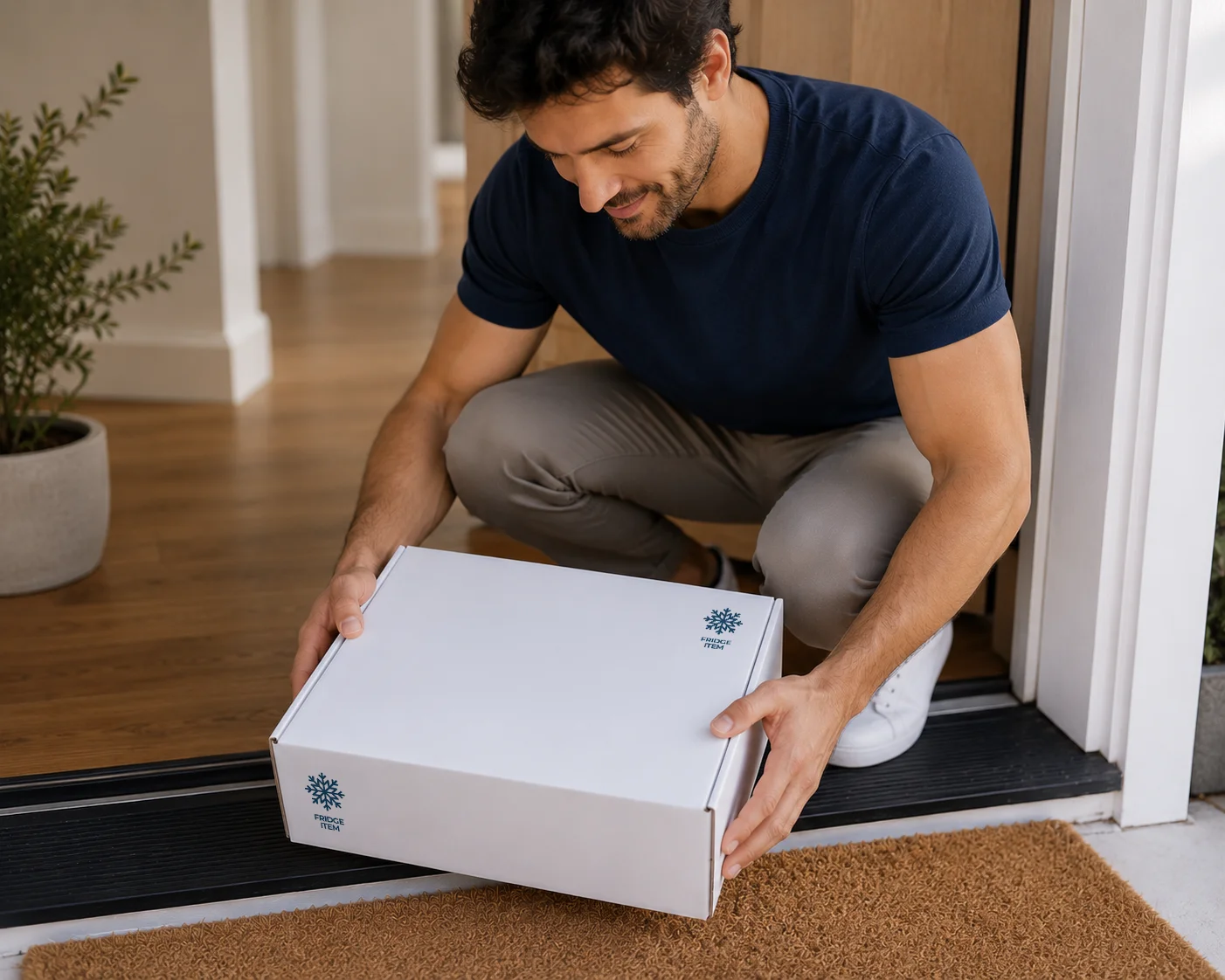 Man crouching at doorstep holding a white delivery box labeled fridge item.