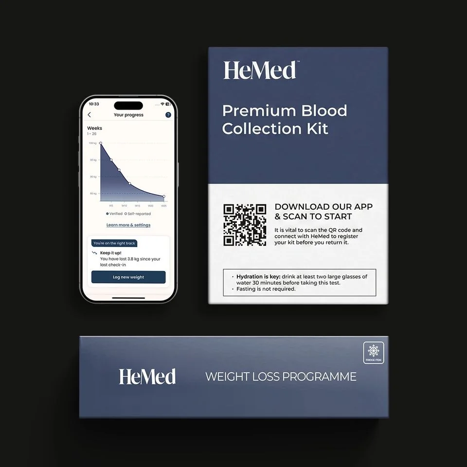 HeMed premium blood collection kit, weight loss programme box and app progress screen