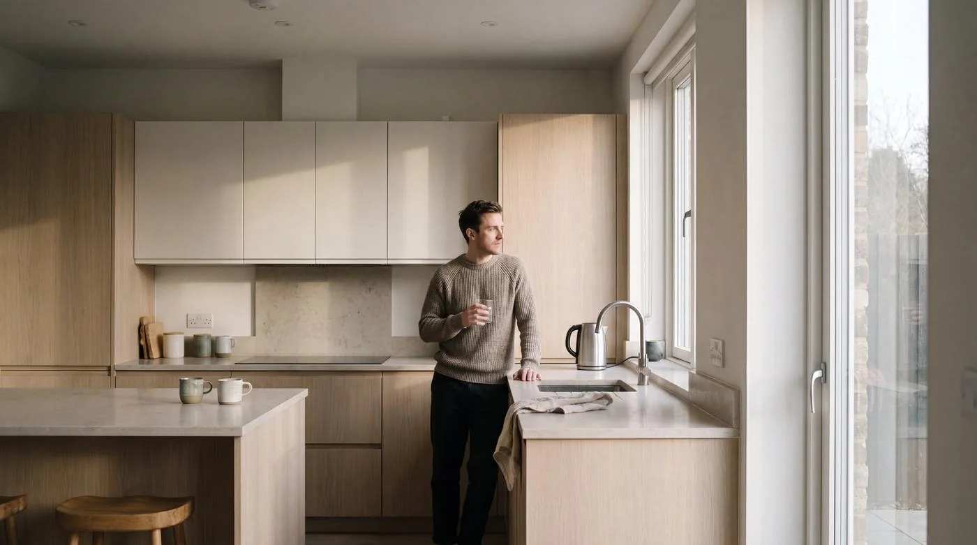 Man holding a glass of water at his kitchen counter in the morning, before breakfast